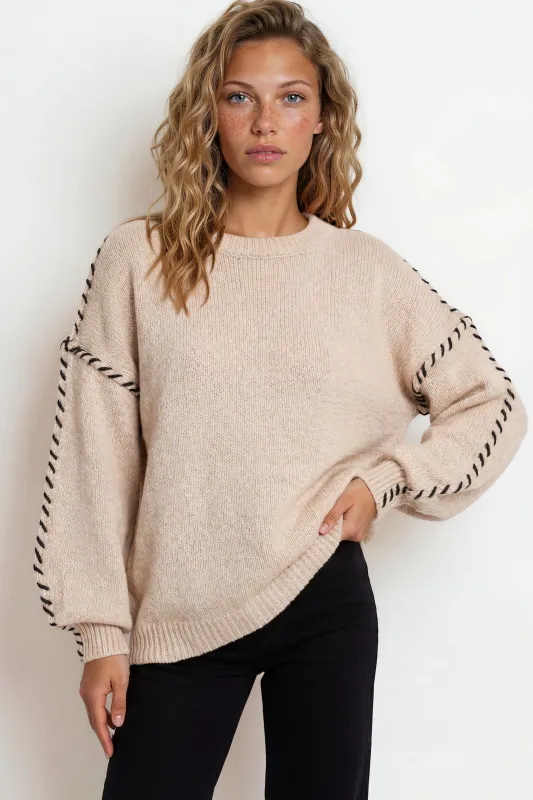 Saige Jumper - Crew Neck Contrast Stitch Knit in Beige made by Salty Crush