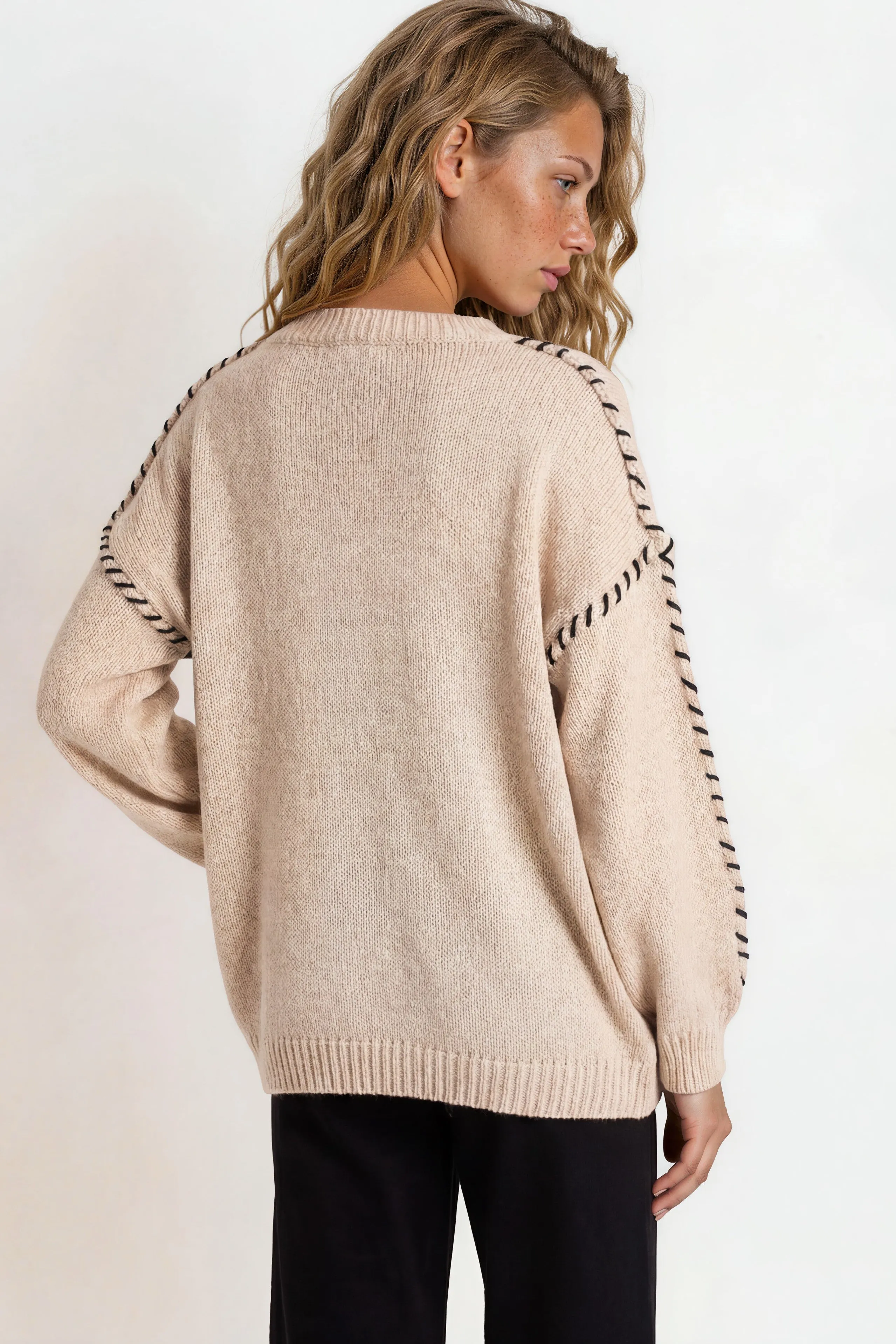 Saige Jumper - Crew Neck Contrast Stitch Knit in Beige sold by Salty Crush product image thumbnail 4