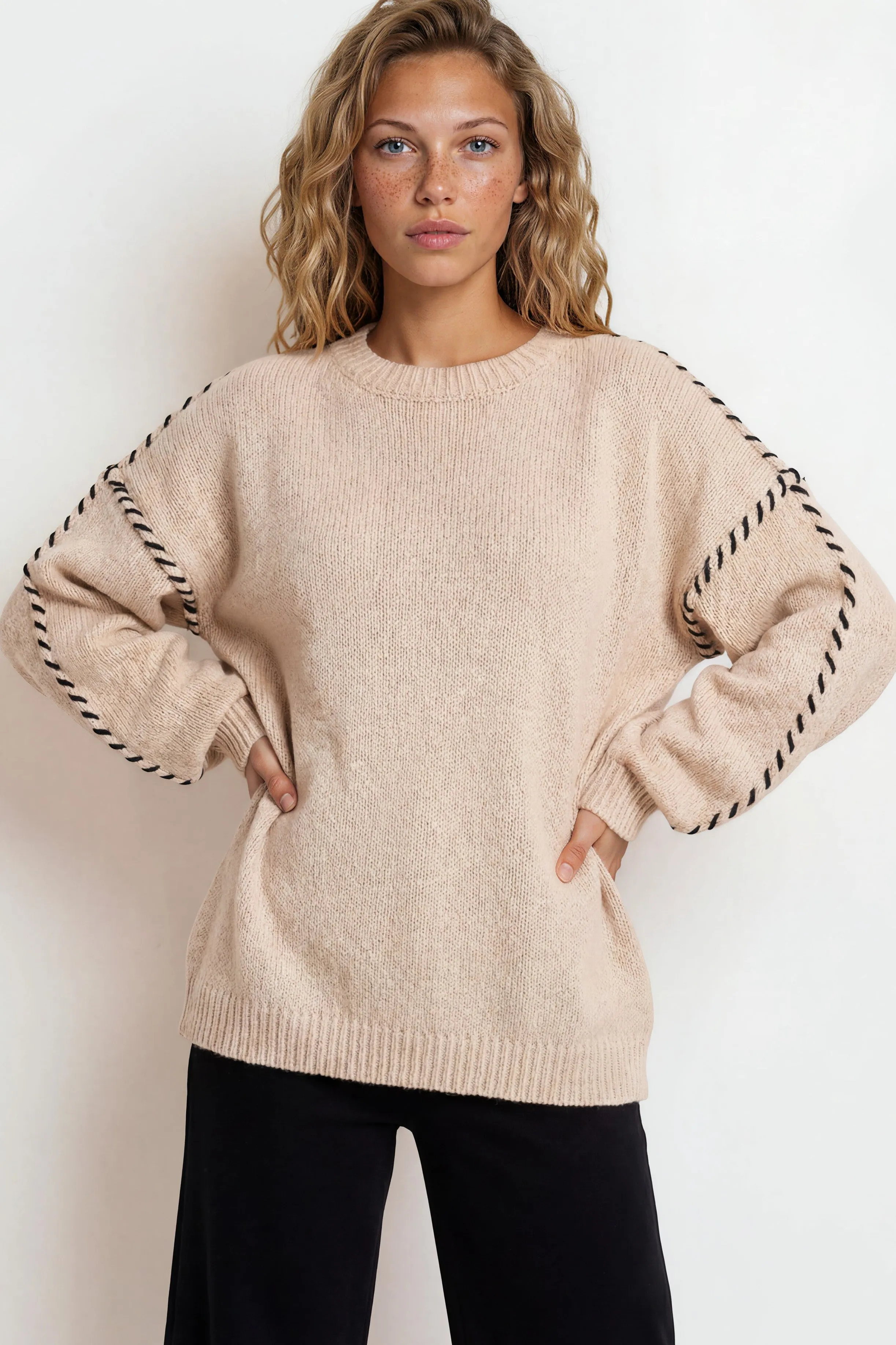 Saige Jumper - Crew Neck Contrast Stitch Knit in Beige sold by Salty Crush product image thumbnail 3