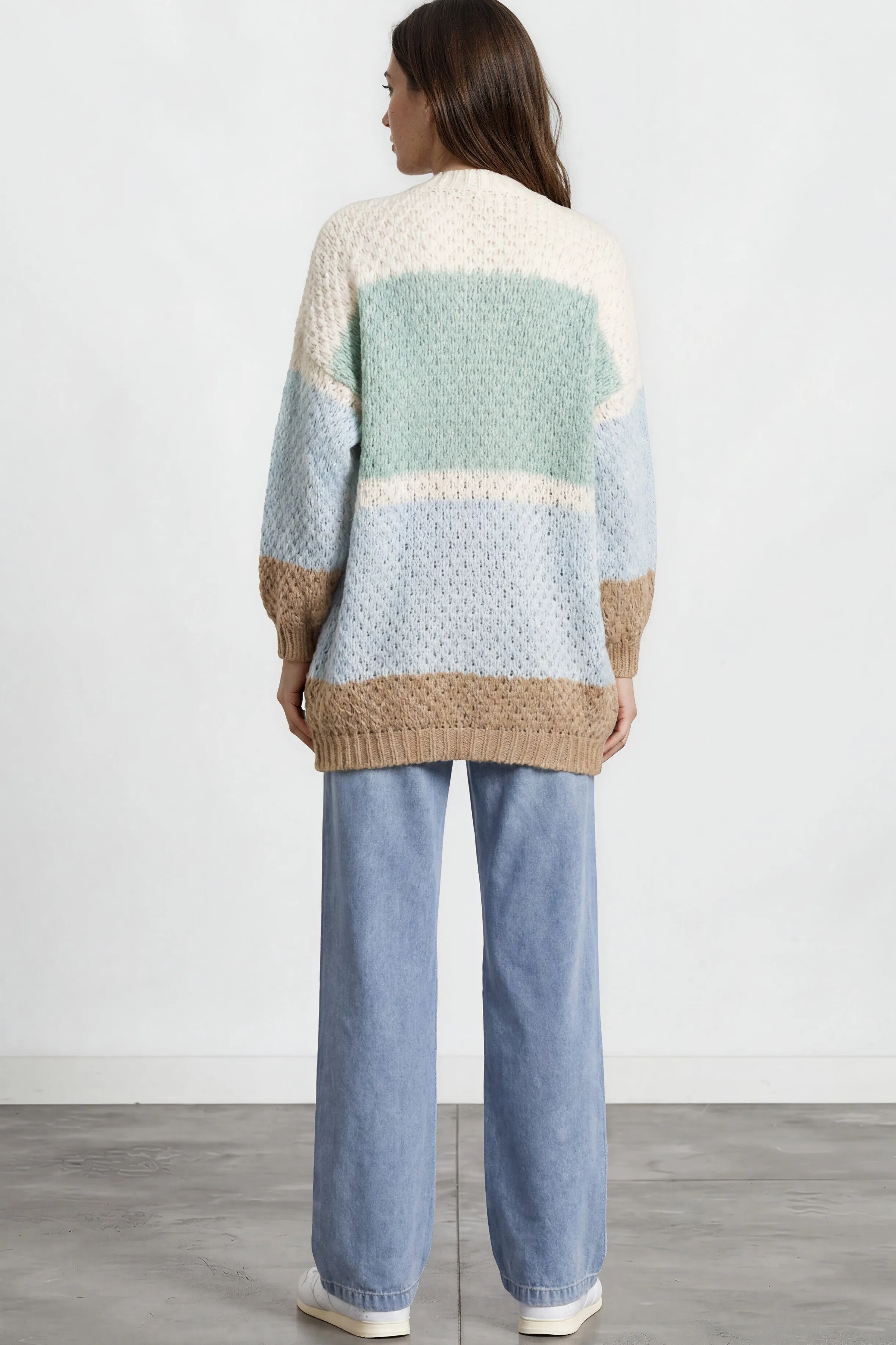 Hana Cardigan - Open Lattice Knit with Pockets and Balloon Sleeves in White/Green Multi sold by Salty Crush product image thumbnail 3