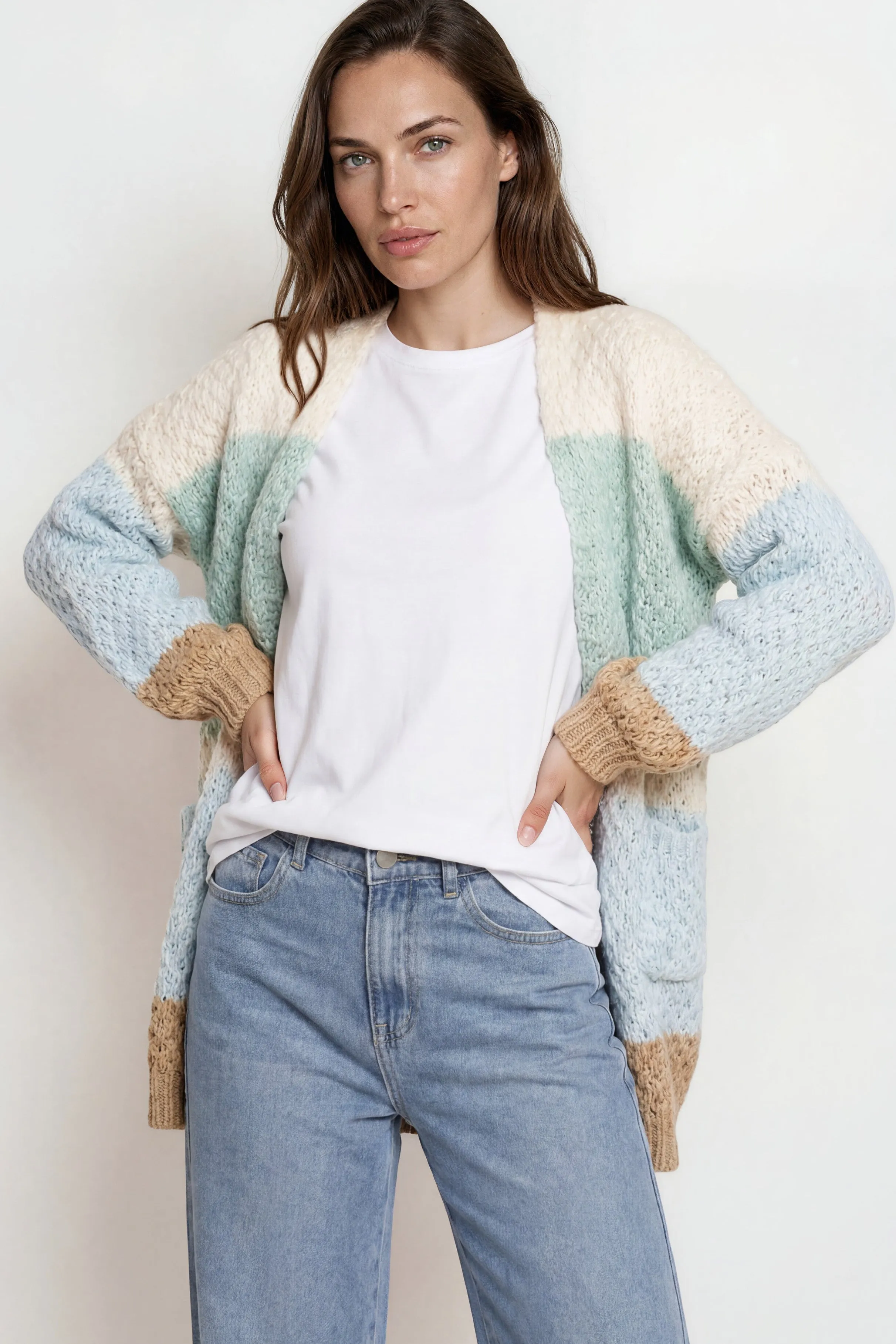 Hana Cardigan - Open Lattice Knit with Pockets and Balloon Sleeves in White/Green Multi sold by Salty Crush product image thumbnail 2