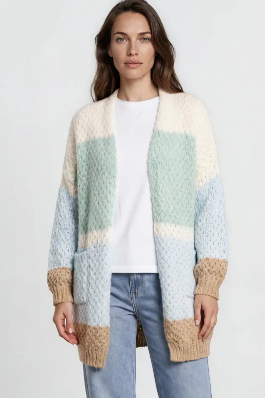 Hana Cardigan - Open Lattice Knit with Pockets and Balloon Sleeves in White/Green Multi made by Salty Crush