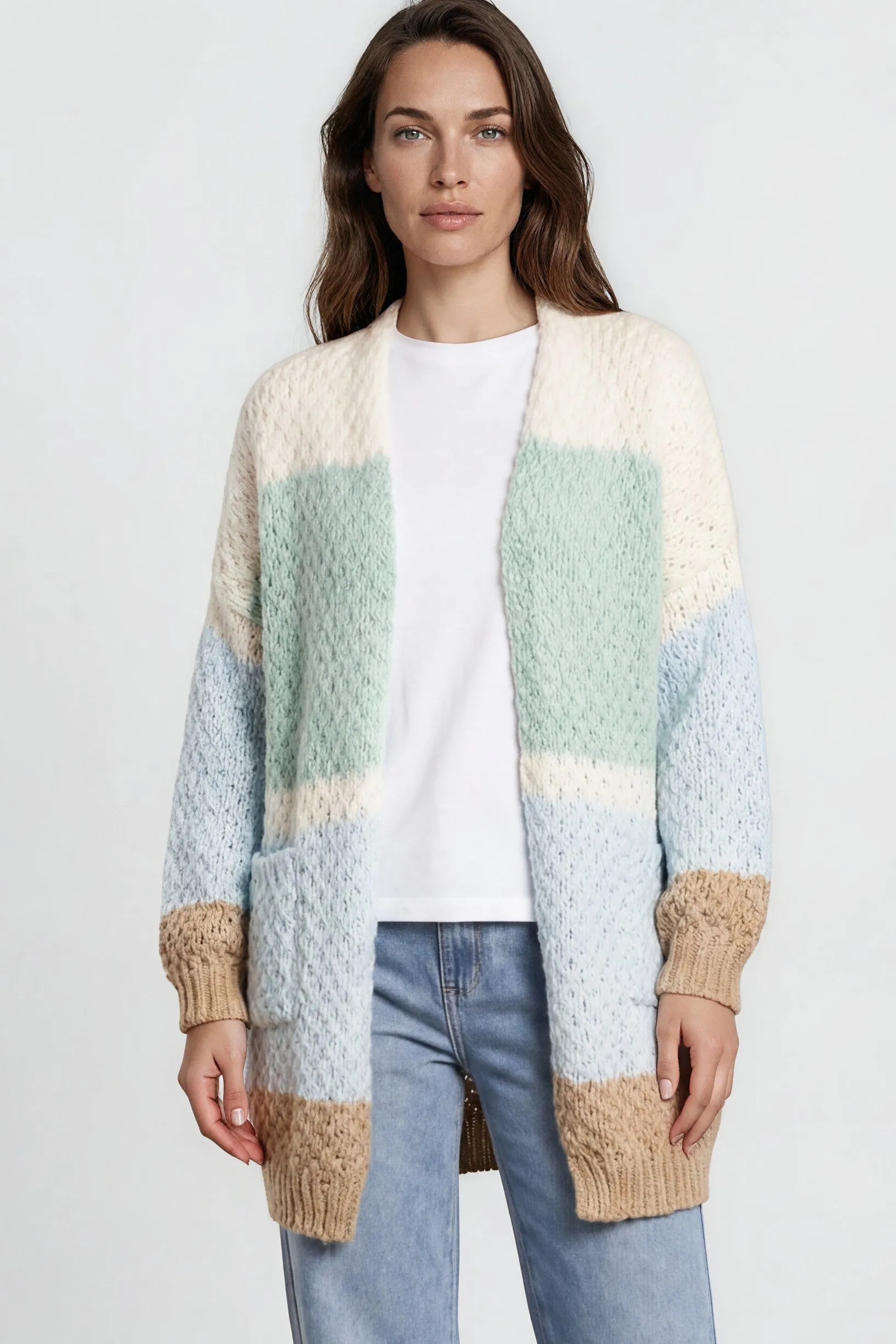 Hana Cardigan - Open Lattice Knit with Pockets and Balloon Sleeves in White/Green Multi sold by Salty Crush