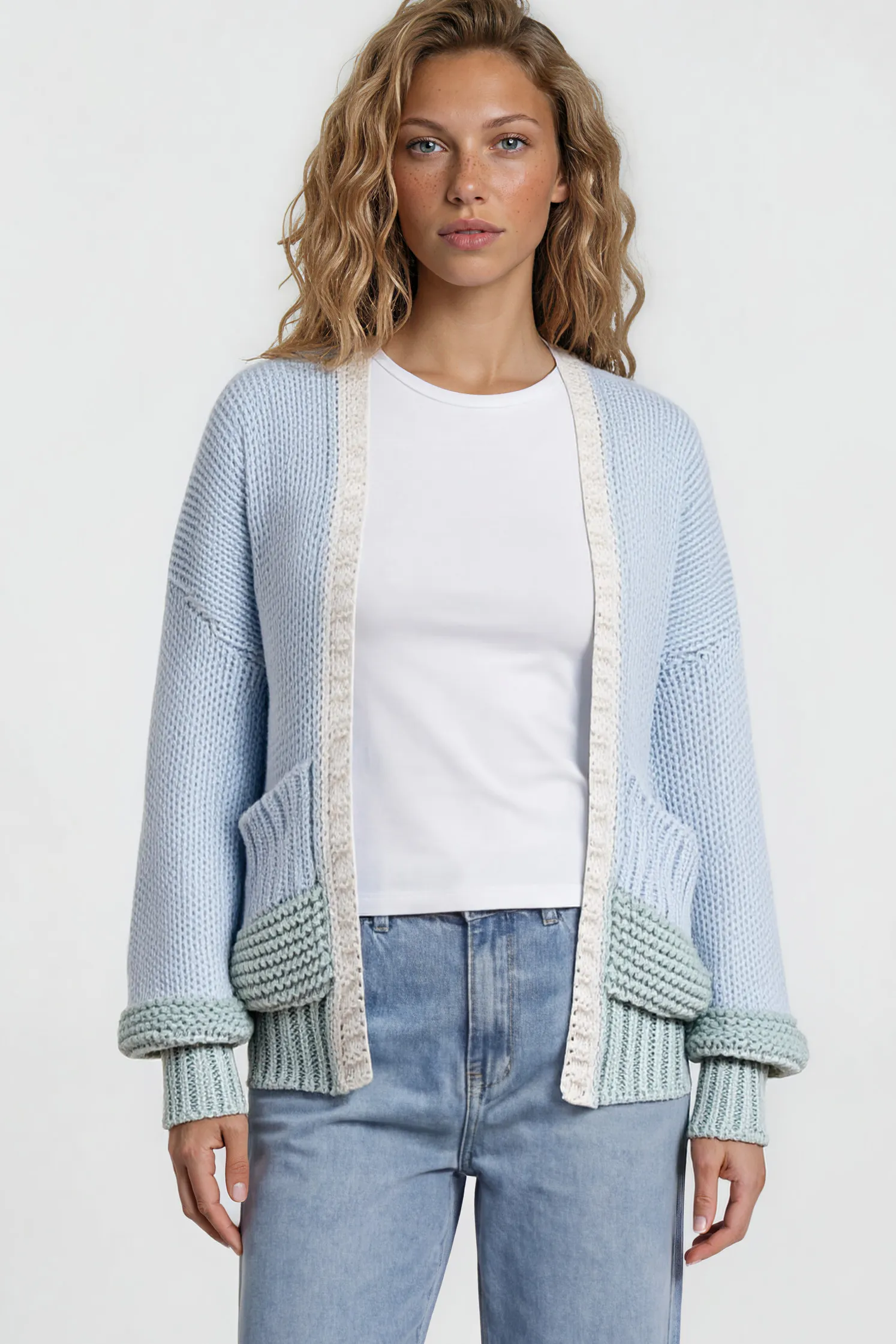 Rosie Cardigan - Cropped Colour Block Cardigan in Blue/Green sold by Salty Crush product image thumbnail 3