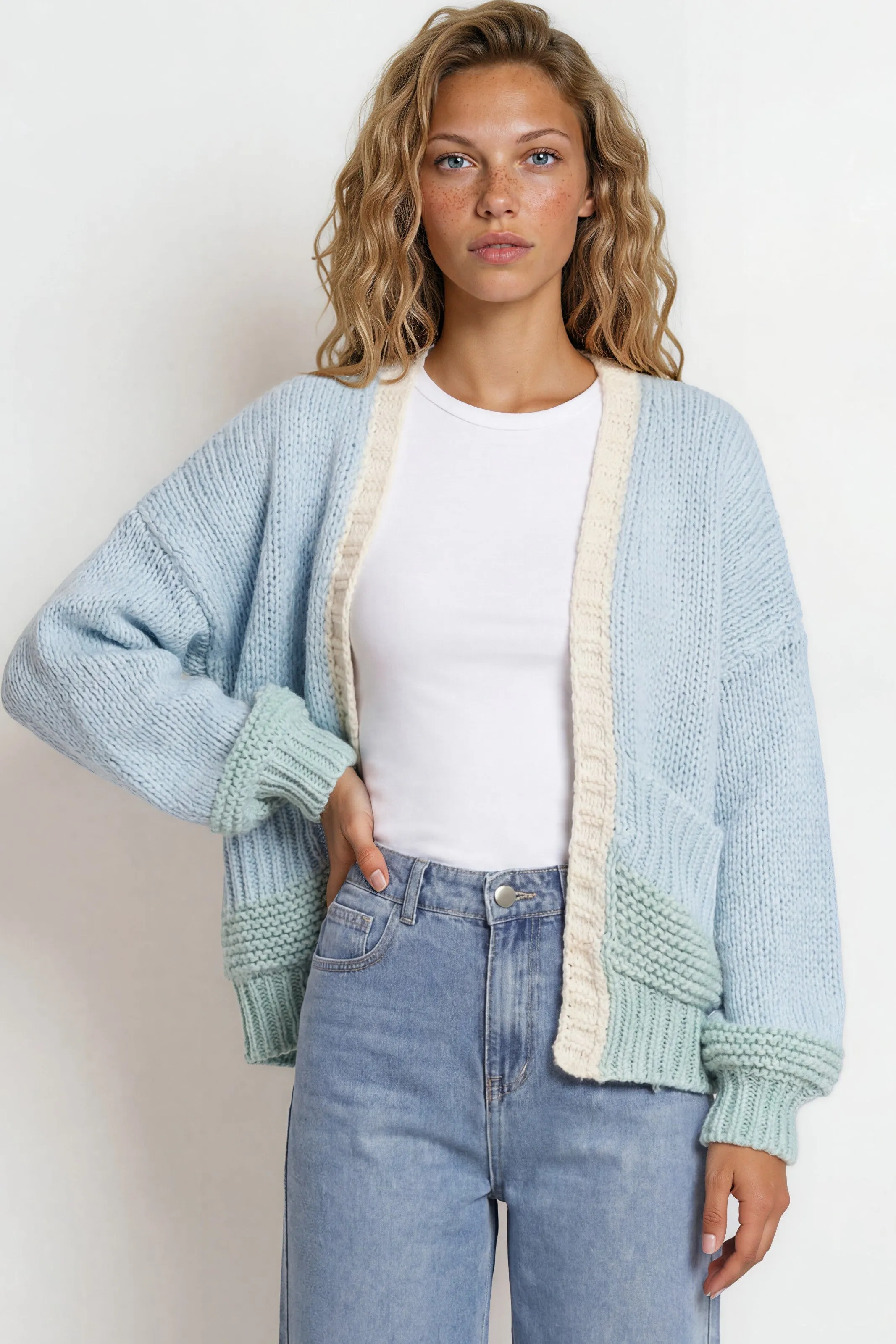 Rosie Cardigan - Cropped Colour Block Cardigan in Blue/Green sold by Salty Crush