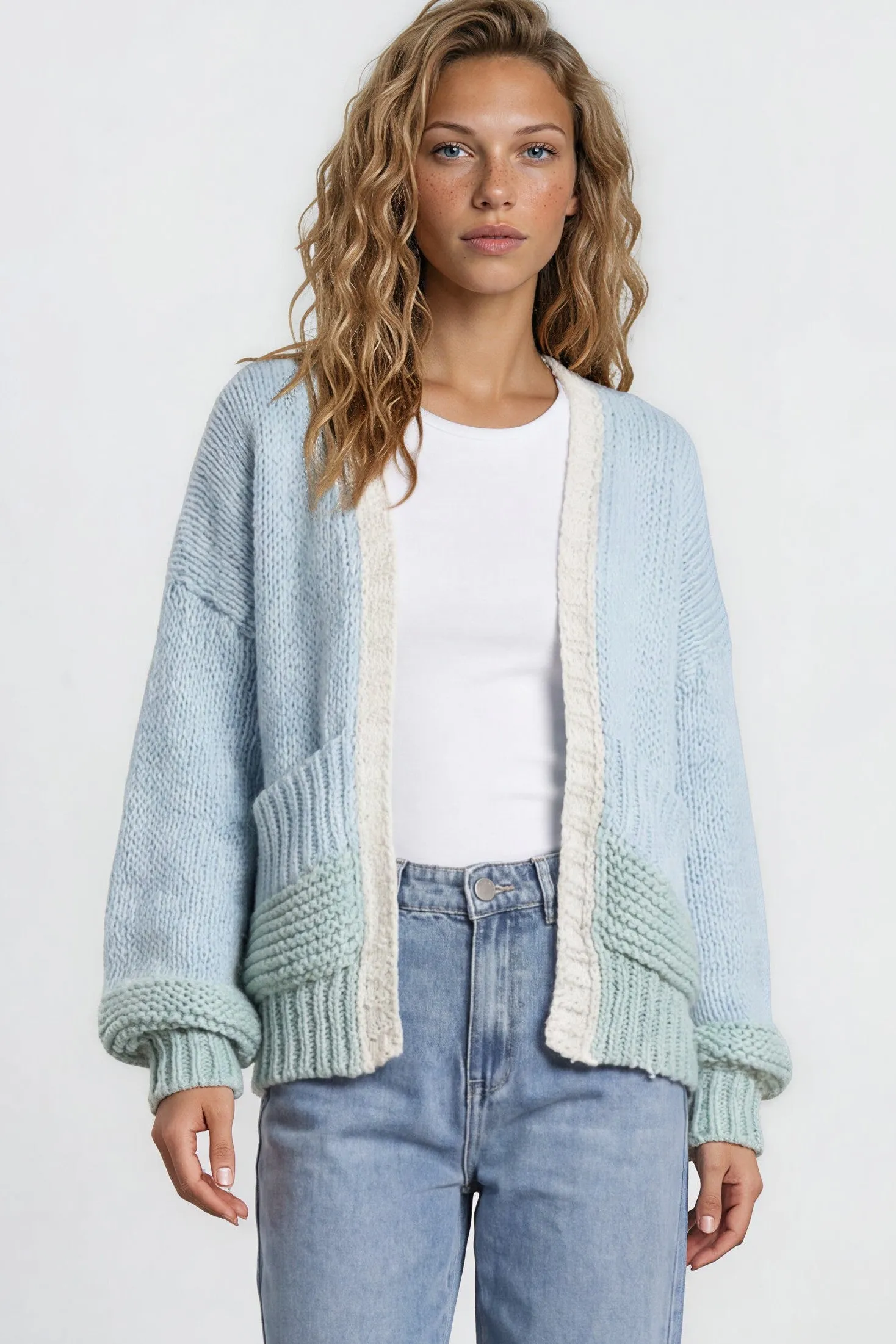 Rosie Cardigan - Cropped Colour Block Cardigan in Blue/Green sold by Salty Crush product image thumbnail 2