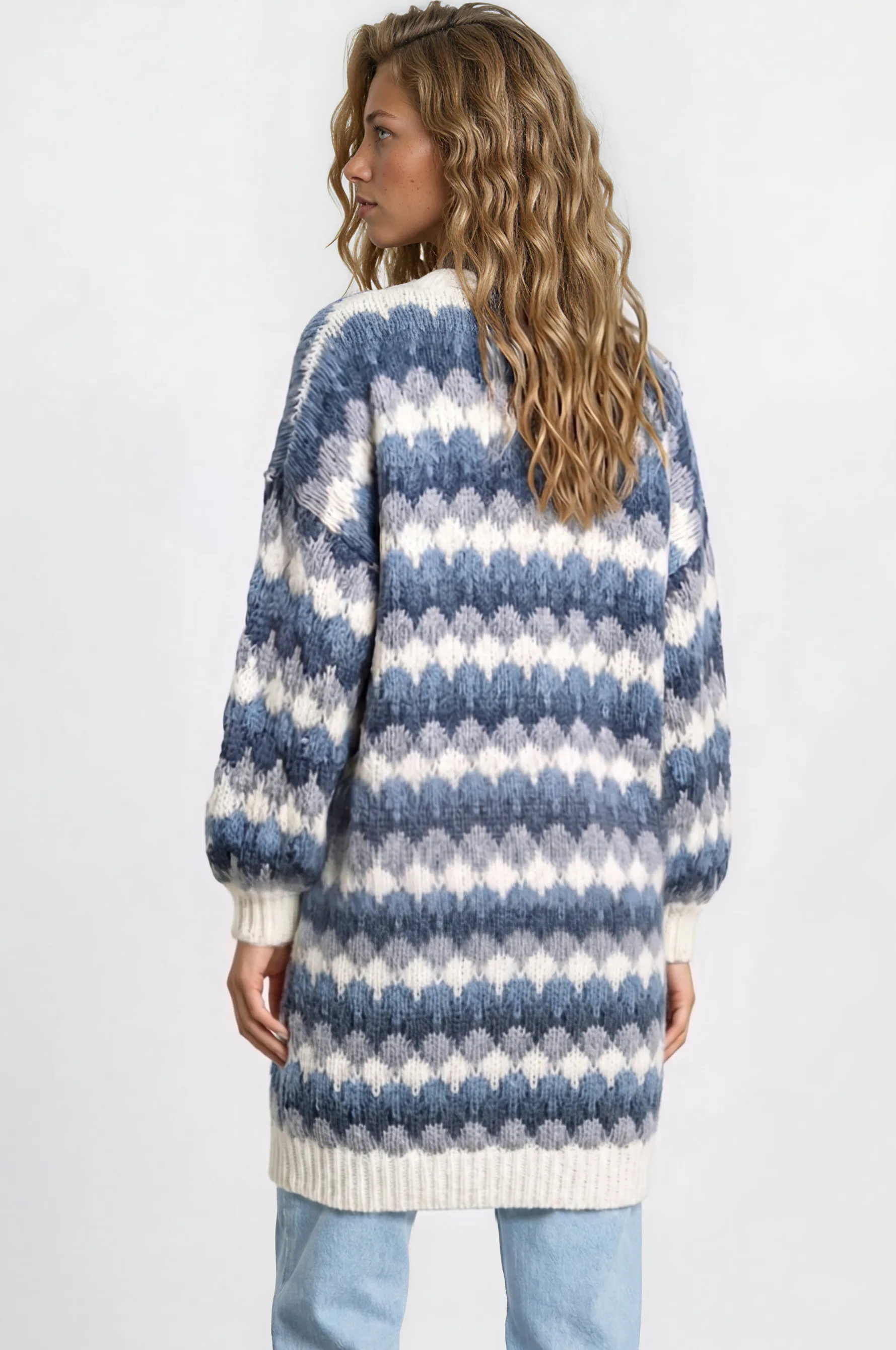 Marlie Cardigan - Open Front Stripe Bubble Knit with Pockets in Blue sold by Salty Crush product image thumbnail 4