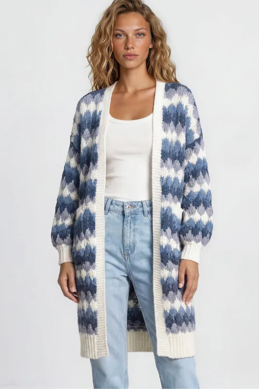 Marlie Cardigan - Open Front Stripe Bubble Knit with Pockets in Blue made by Salty Crush