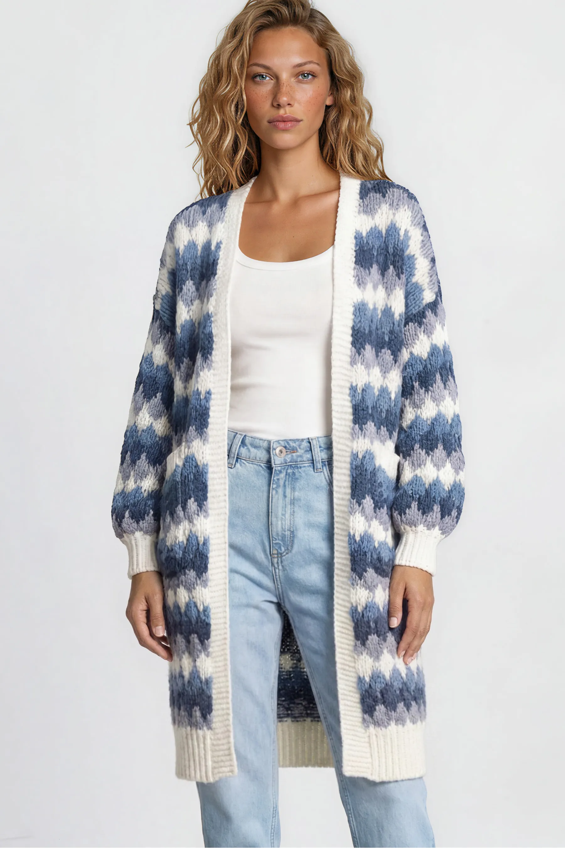 Marlie Cardigan - Open Front Stripe Bubble Knit with Pockets in Blue sold by Salty Crush