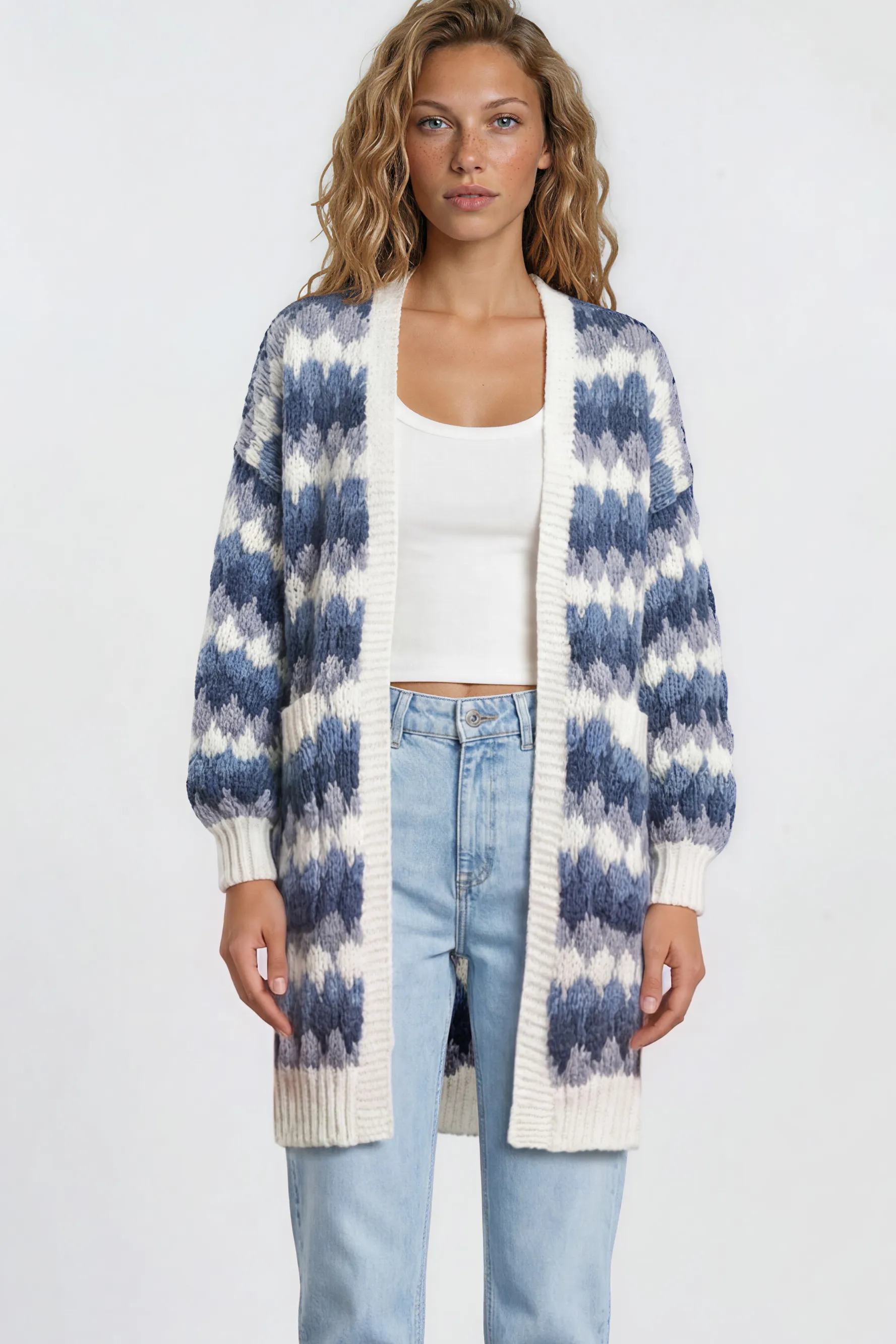 Marlie Cardigan - Open Front Stripe Bubble Knit with Pockets in Blue sold by Salty Crush product image thumbnail 3