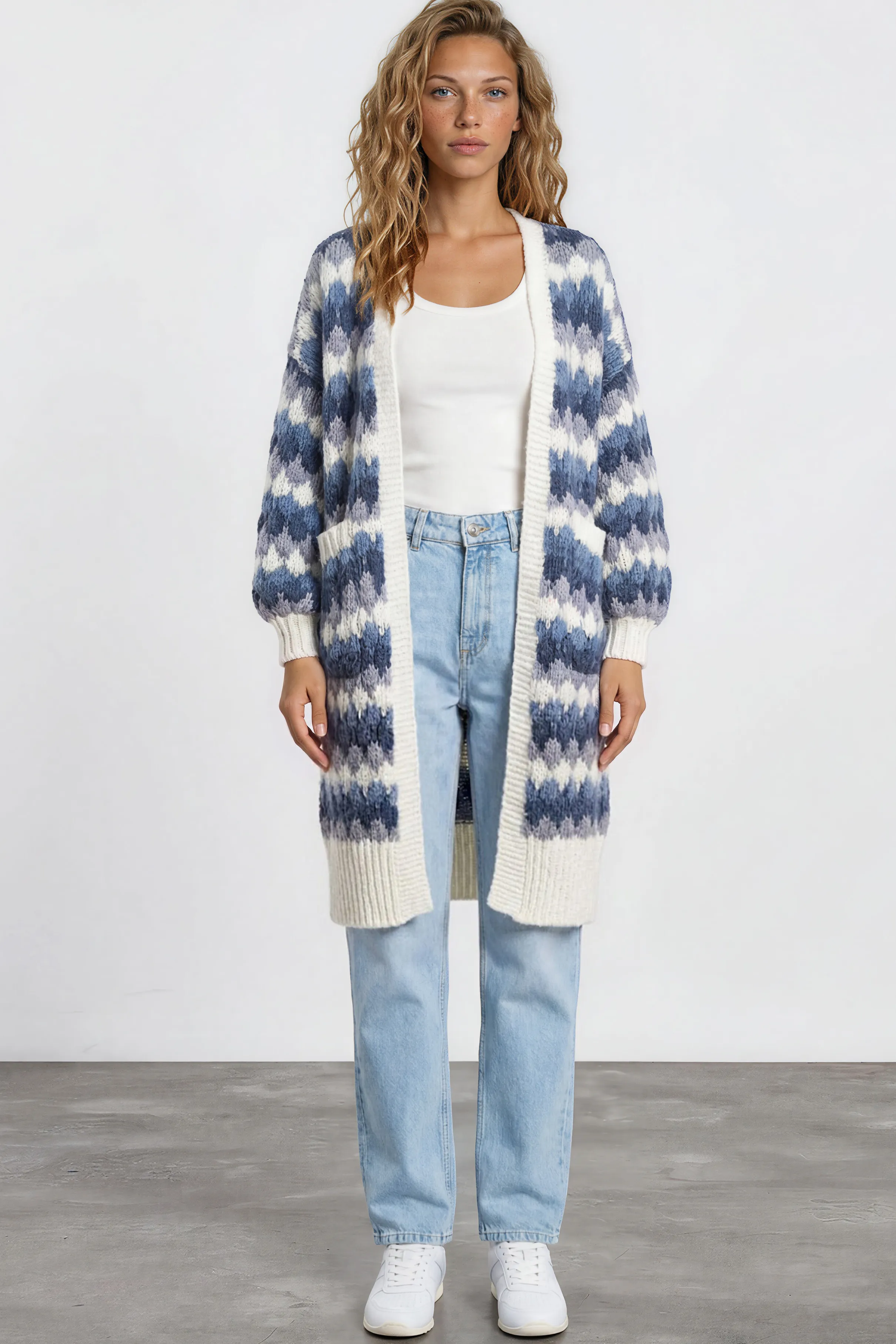 Marlie Cardigan - Open Front Stripe Bubble Knit with Pockets in Blue sold by Salty Crush product image thumbnail 2