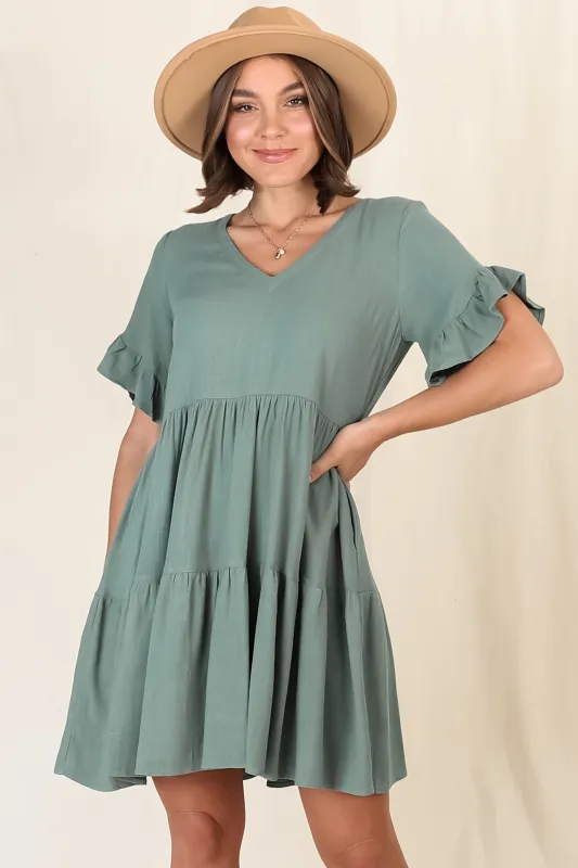 Audrina Mini Dress - Pull Over V Neck Tiered Dress with Pockets in Sage made by Salty Crush