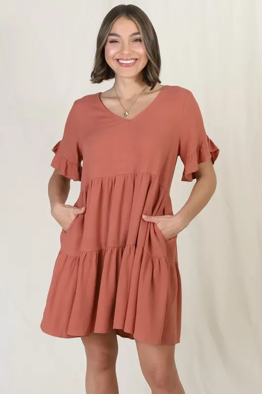 Audrina Mini Dress - Soft V Neck Tiered Dress with Pockets in Rust made by Salty Crush