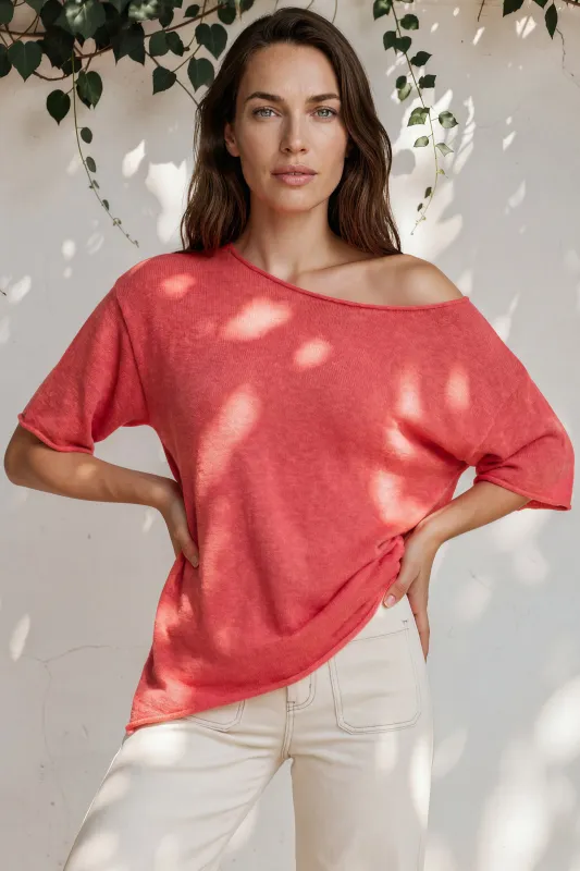 Callie Knit Top - Slouchy Asymmetrical Neckline Top in Watermelon made by Salty Crush