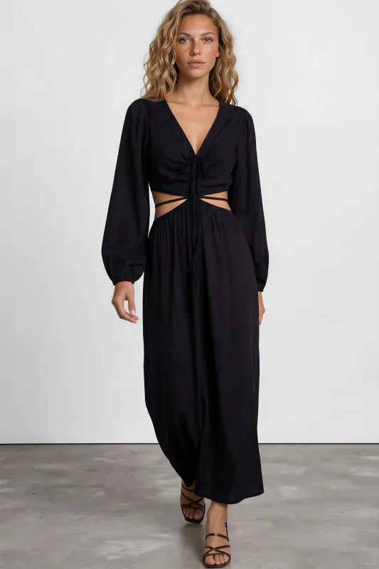 Mackenzie Maxi Dress - Deep V Neckline Dress With Cut Out Waist Detail in Black made by Salty Crush