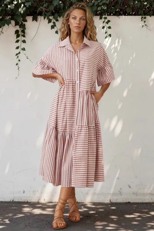 Mavis Midi Dress - V-Neckline Dress with Folded Collar in Rust Stripe made by Salty Crush