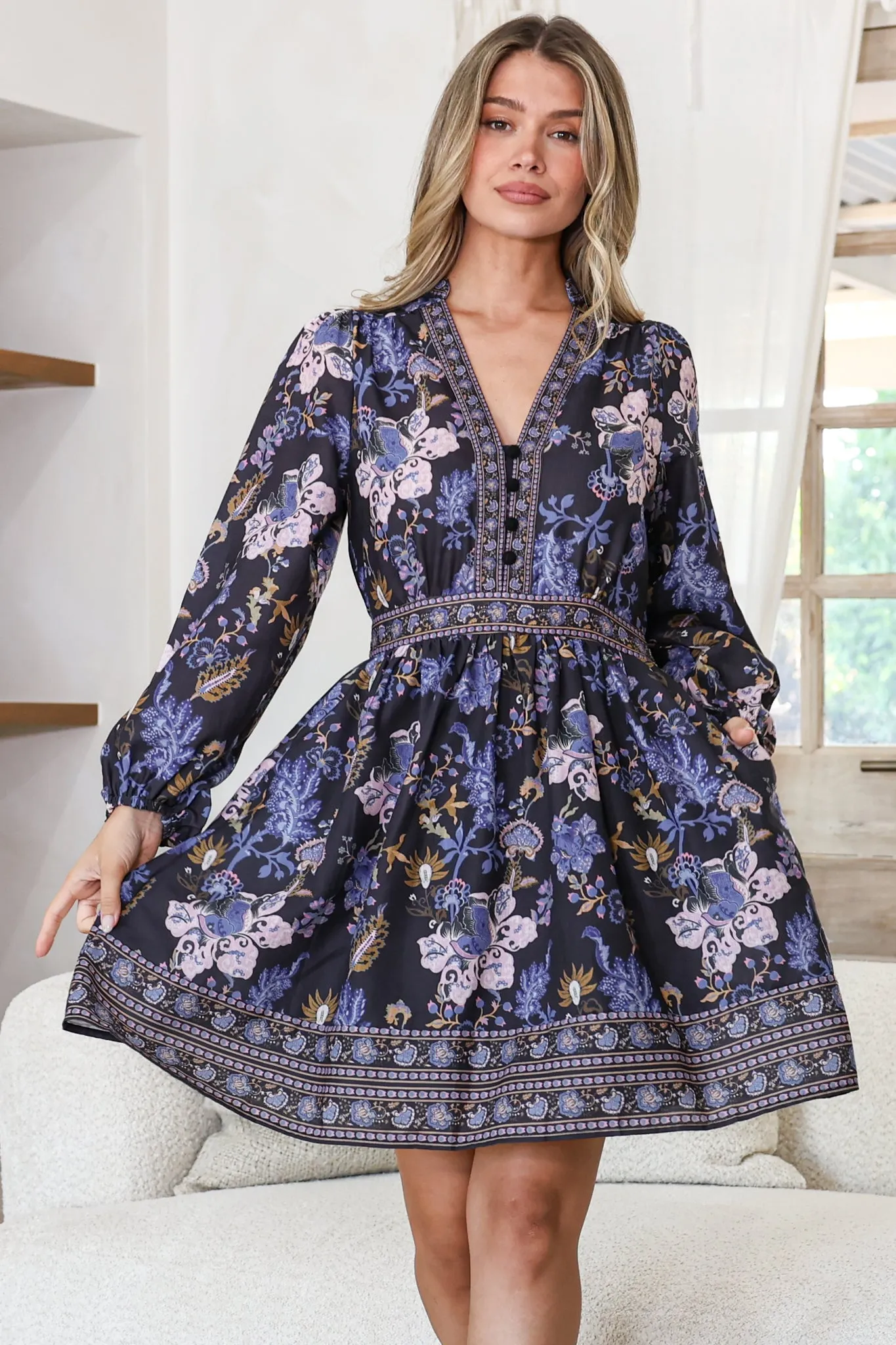 Biondi Mini Dress - Deep V-Neck A-Line Mini with Balloon Sleeves in Luella Print sold by Salty Crush product image thumbnail 2