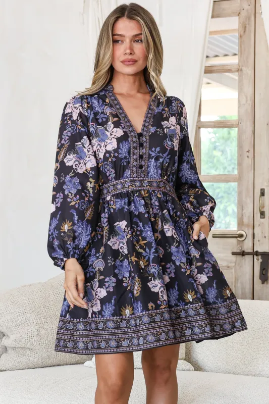 Biondi Mini Dress - Deep V-Neck A-Line Mini with Balloon Sleeves in Luella Print made by Salty Crush