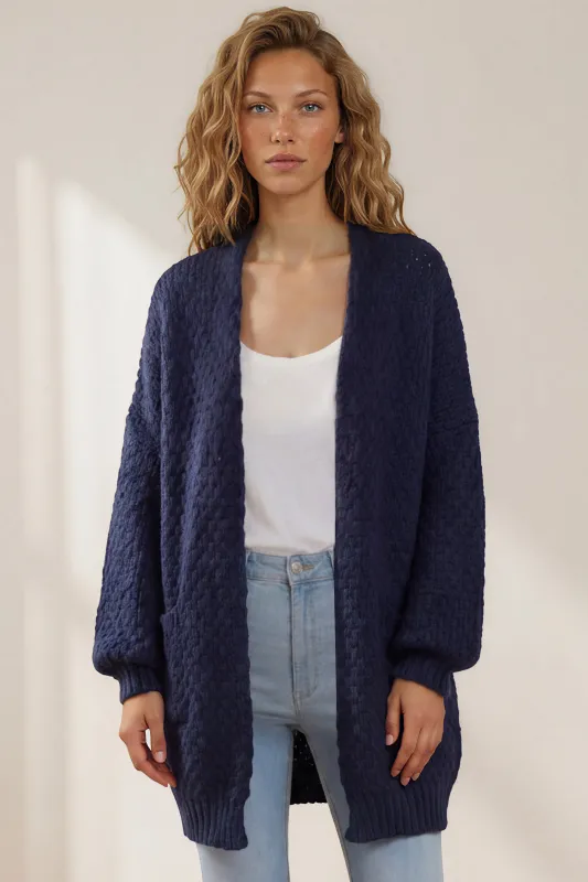 Ricki Cardigan - Open Front Chunky Knit Cardigan in Navy made by Salty Crush