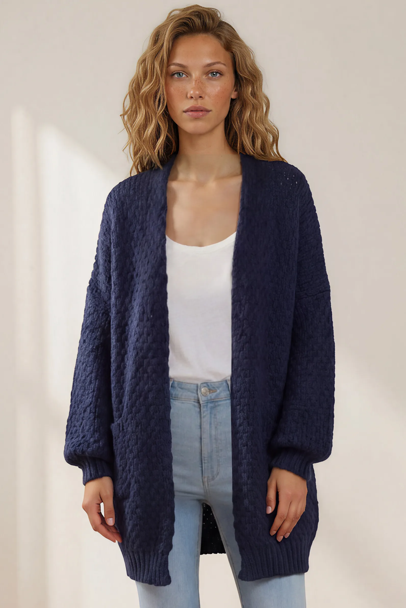 Ricki Cardigan - Open Front Chunky Knit Cardigan in Navy sold by Salty Crush