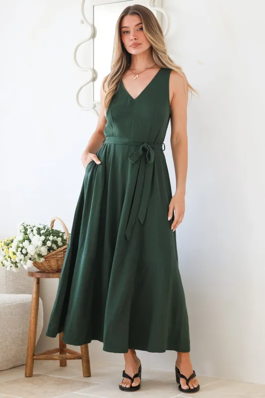 Delphy Midi Dress - Linen V Neck Sleeveless A-Line Dress with Waist Tie in Emerald made by Salty Crush
