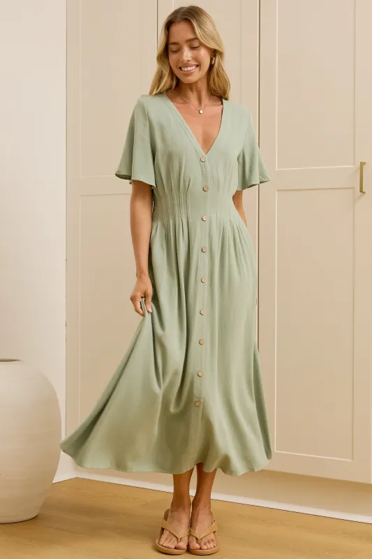 Cyan Midi Dress  - V Neckline Dress in Sage made by Salty Crush