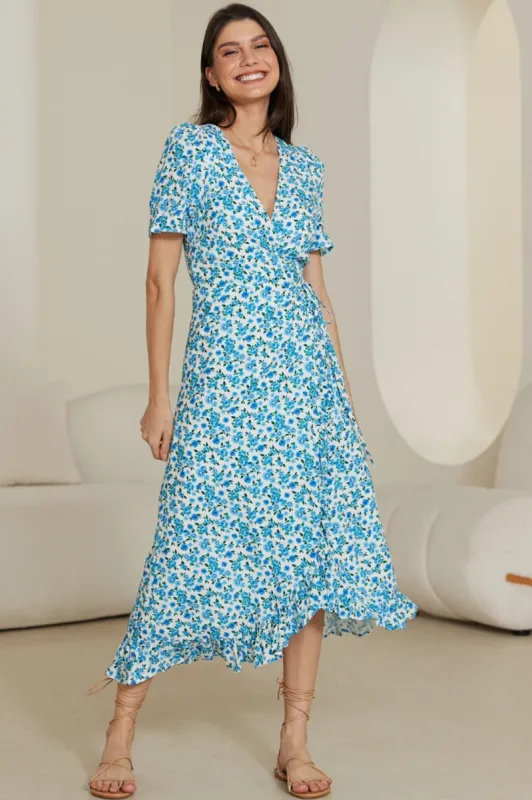 Manuela Wrap Midi Dress - Cross Over Wrap Dress with Cap Sleeves in Floral Print sold by Salty Crush