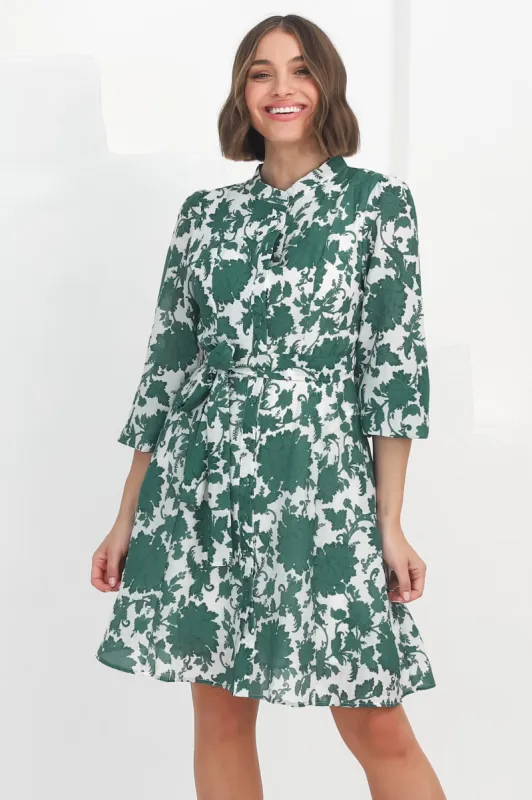 Esther Mini Dress - High Mandarin Collar Buttoned Dress with Waist Tie in Demi Green sold by Salty Crush