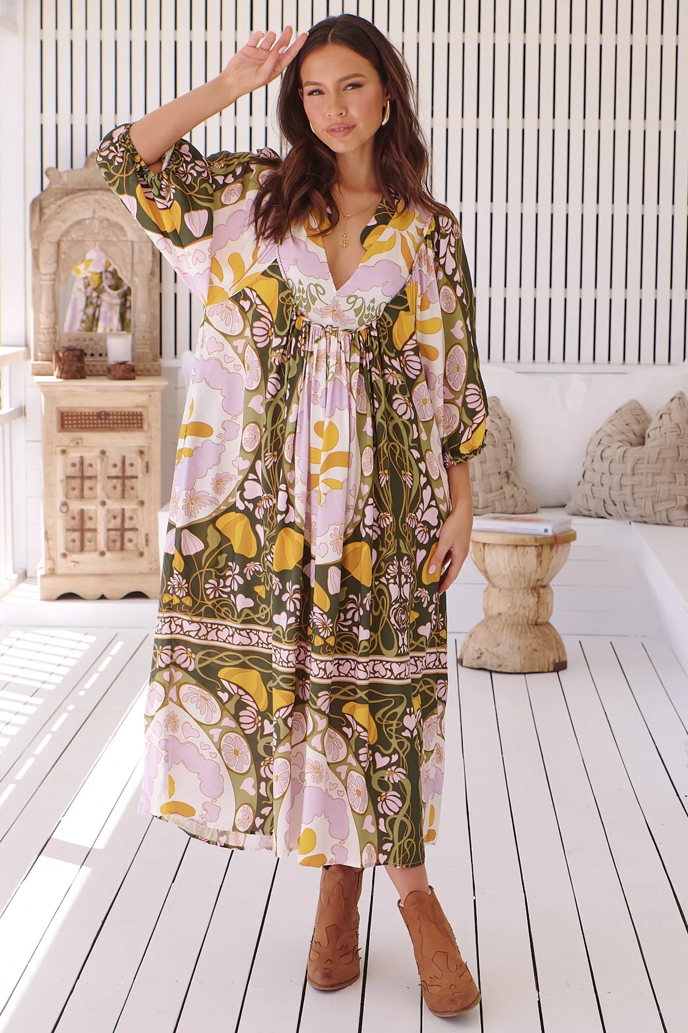 JAASE - Boheme Midi Dress: Piping Defined Bust Slimline Smock Dress in Dekota Print sold by Salty Crush