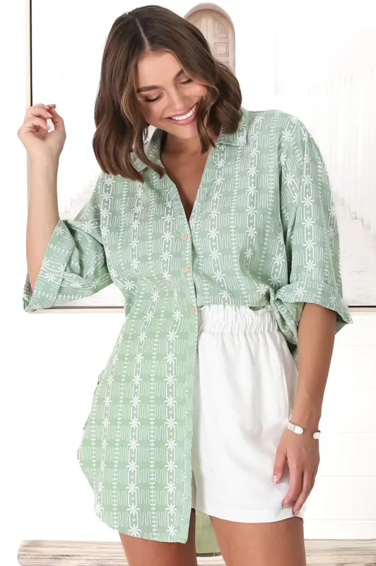 Beachly Embroided Shirt - Folded Collar Button Down Relaxed Shirt In Light Green sold by Salty Crush