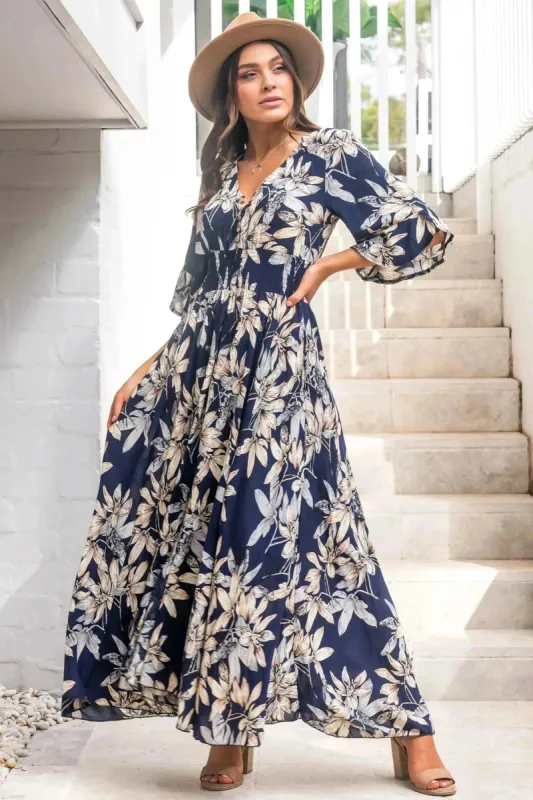 Frigg Maxi Dress - Buttoned Bodice A Line Dress With Flute Sleeves In Navy sold by Salty Crush