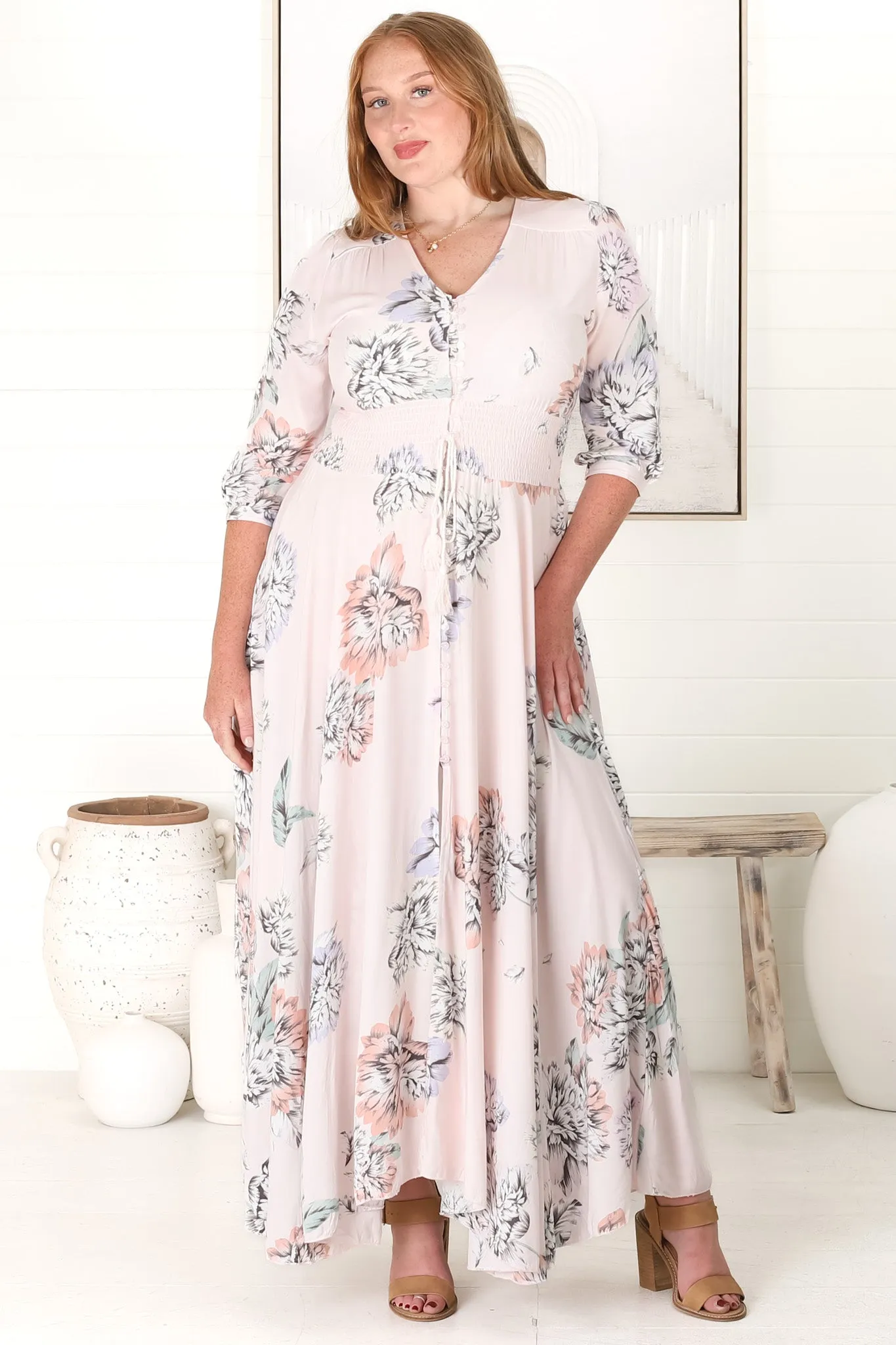 Indiana Maxi Dress - Lace Back Shirred Waist A Line Dress with Handkerchief Hemline in Blooming Bouquet Print sold by Salty Crush product image thumbnail 4