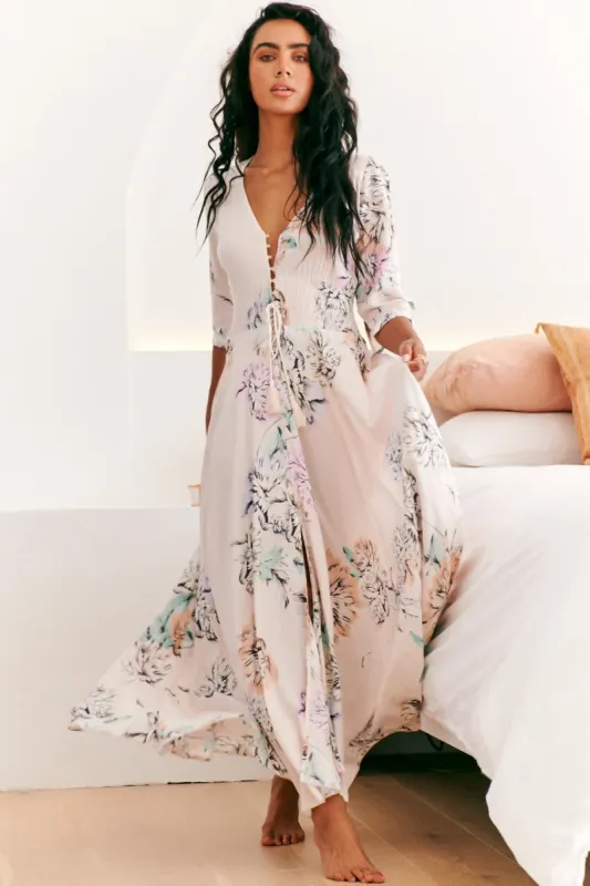 Indiana Maxi Dress - Lace Back Shirred Waist A Line Dress with Handkerchief Hemline in Blooming Bouquet Print sold by Salty Crush