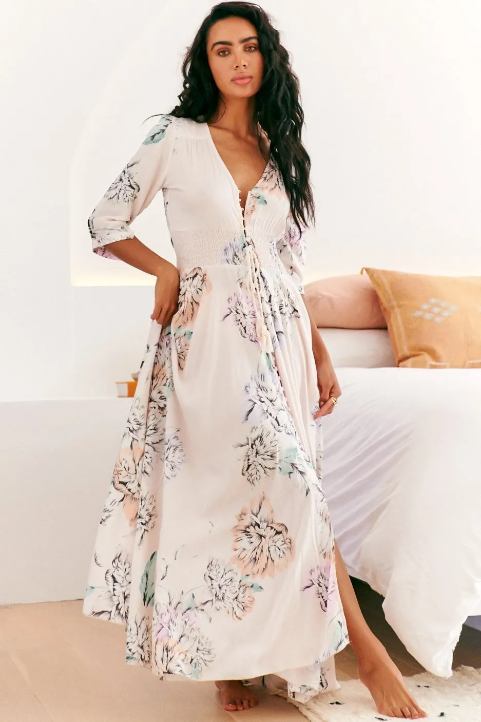 Indiana Maxi Dress - Lace Back Shirred Waist A Line Dress with Handkerchief Hemline in Blooming Bouquet Print sold by Salty Crush product image thumbnail 5