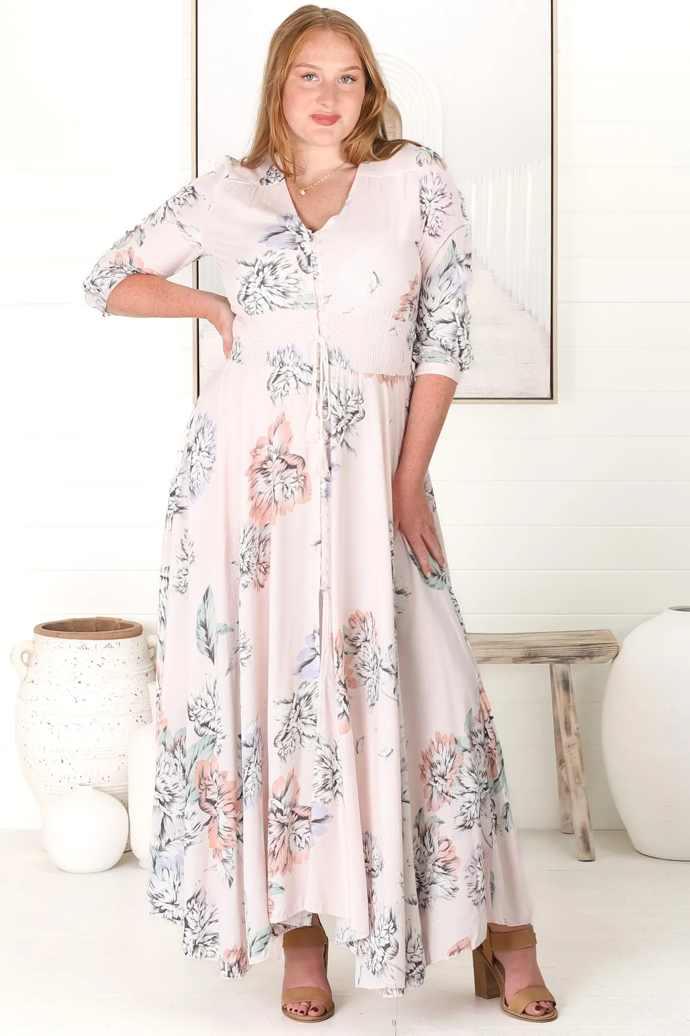 Indiana Maxi Dress - Lace Back Shirred Waist A Line Dress with Handkerchief Hemline in Blooming Bouquet Print sold by Salty Crush product image thumbnail 2