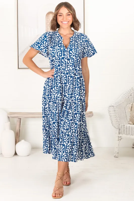 Peggy Midi Dress - Relaxed Mandarin Collar Pleated Bust Tiered Dress in Davey Print Blue sold by Salty Crush
