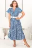 Peggy Midi Dress - Relaxed Mandarin Collar Pleated Bust Tiered Dress in Davey Print Blue sold by Salty Crush