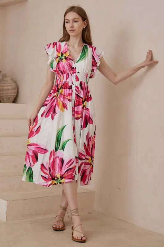 Karah Midi Dress - V Neck Frill Sleeve Dress in Lisbeth Print sold by Salty Crush