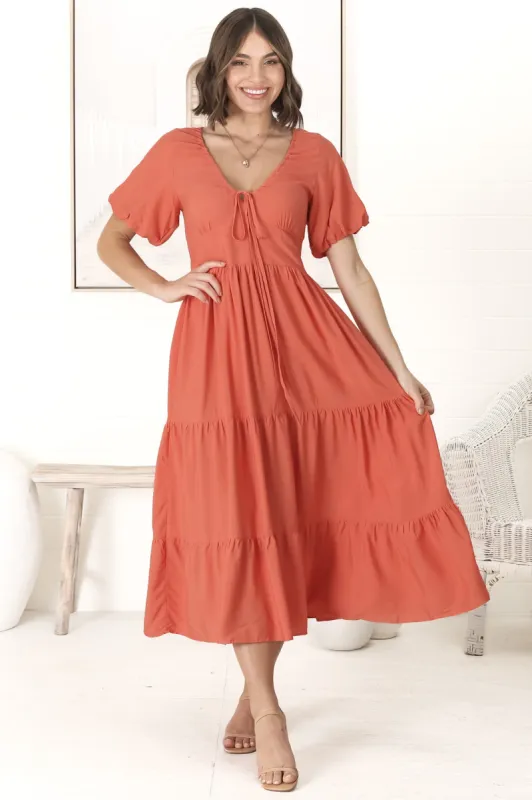 Ellen Midi Dress - Pull In V Neckline Dress With Cap Balloon Sleeves In Tangerine sold by Salty Crush