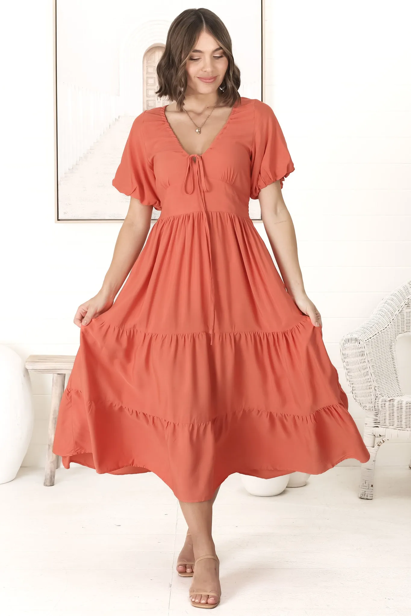 Ellen Midi Dress - Pull In V Neckline Dress With Cap Balloon Sleeves In Tangerine sold by Salty Crush product image thumbnail 5
