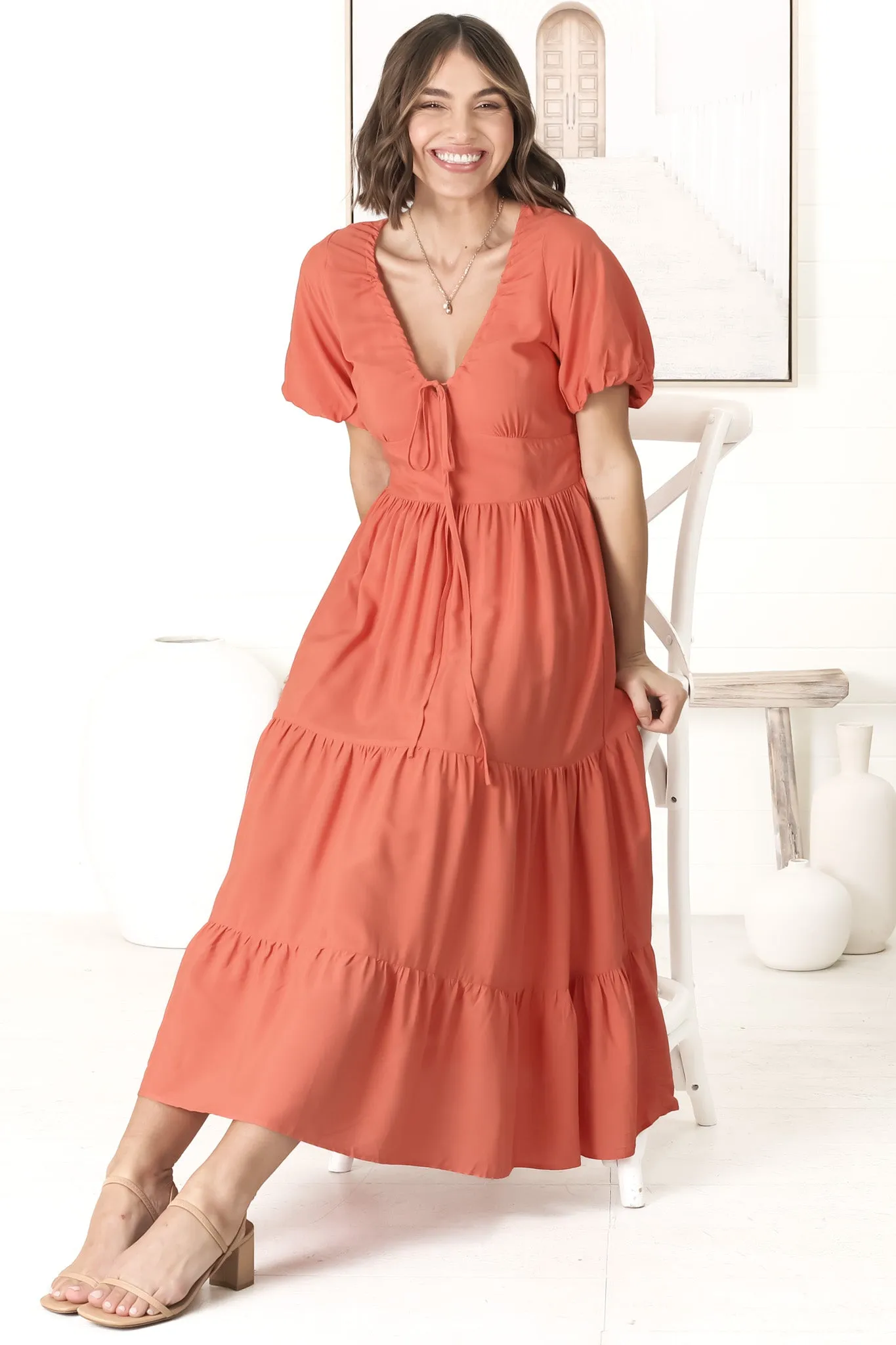 Ellen Midi Dress - Pull In V Neckline Dress With Cap Balloon Sleeves In Tangerine sold by Salty Crush product image thumbnail 2