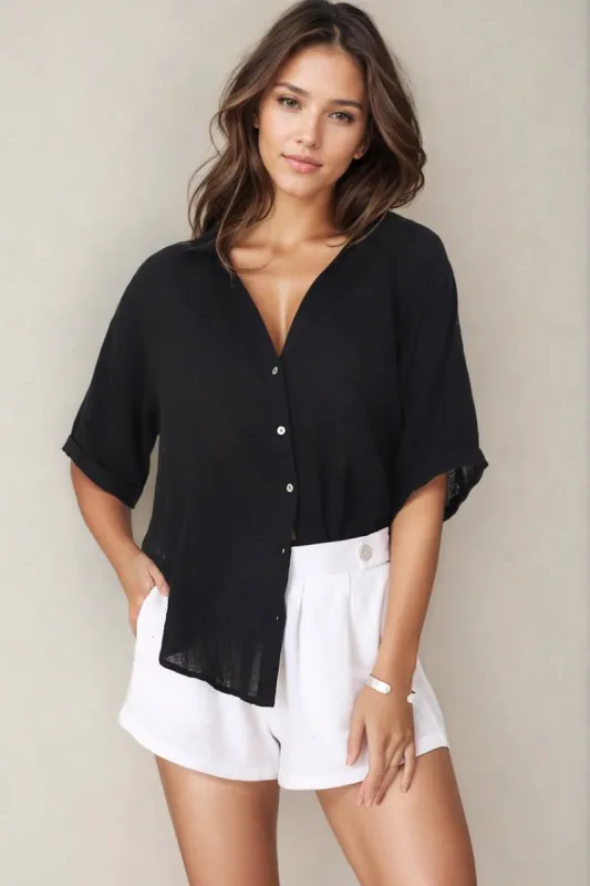 Shelly Shirt - Linen Collared Button Down Shirt in Black sold by Salty Crush