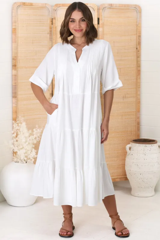 Ayva Midi Dress - 3/4 Sleeve Tiered Smock Dress in White sold by Salty Crush