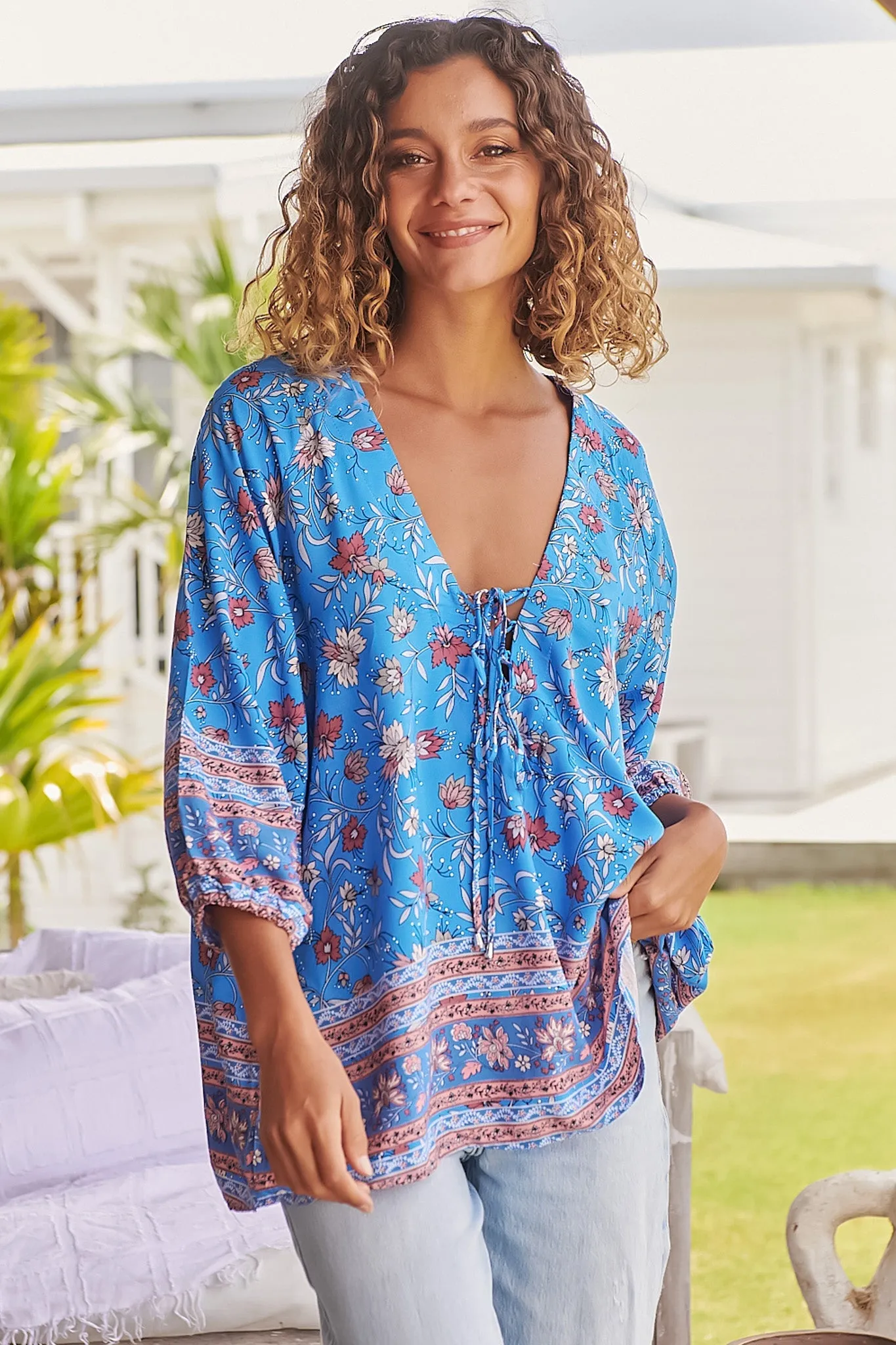 JAASE - Palas Top: V Neck Slouch Blouse With Criss Coss Bust Tie In Josianne Print sold by Salty Crush product image thumbnail 4