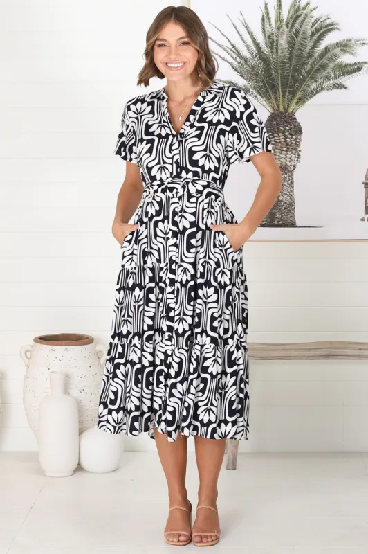 Luvira Midi Dress - Button Down Collared Dress With Statement Belt In Navy sold by Salty Crush