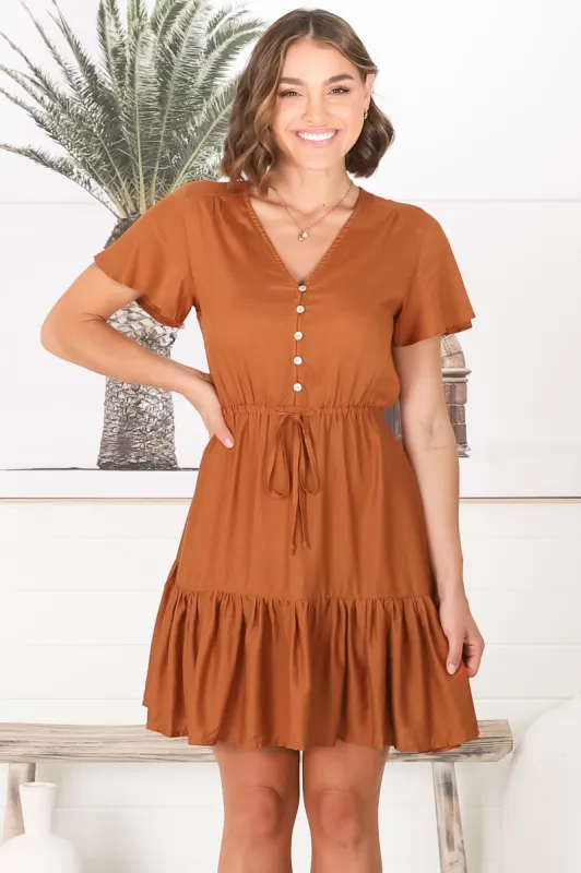 Rosane Mini Dress - Cap Sleeve A Line Dress with Pull Tie Waist in Rust sold by Salty Crush