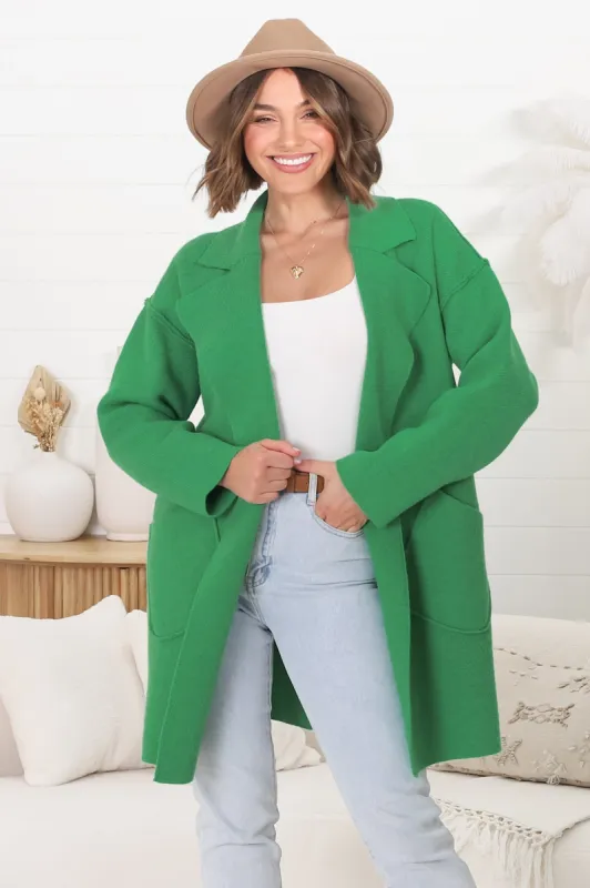 Kierce Cardigan - Folded Lapel Collar Coatigan with Pockets in Green sold by Salty Crush