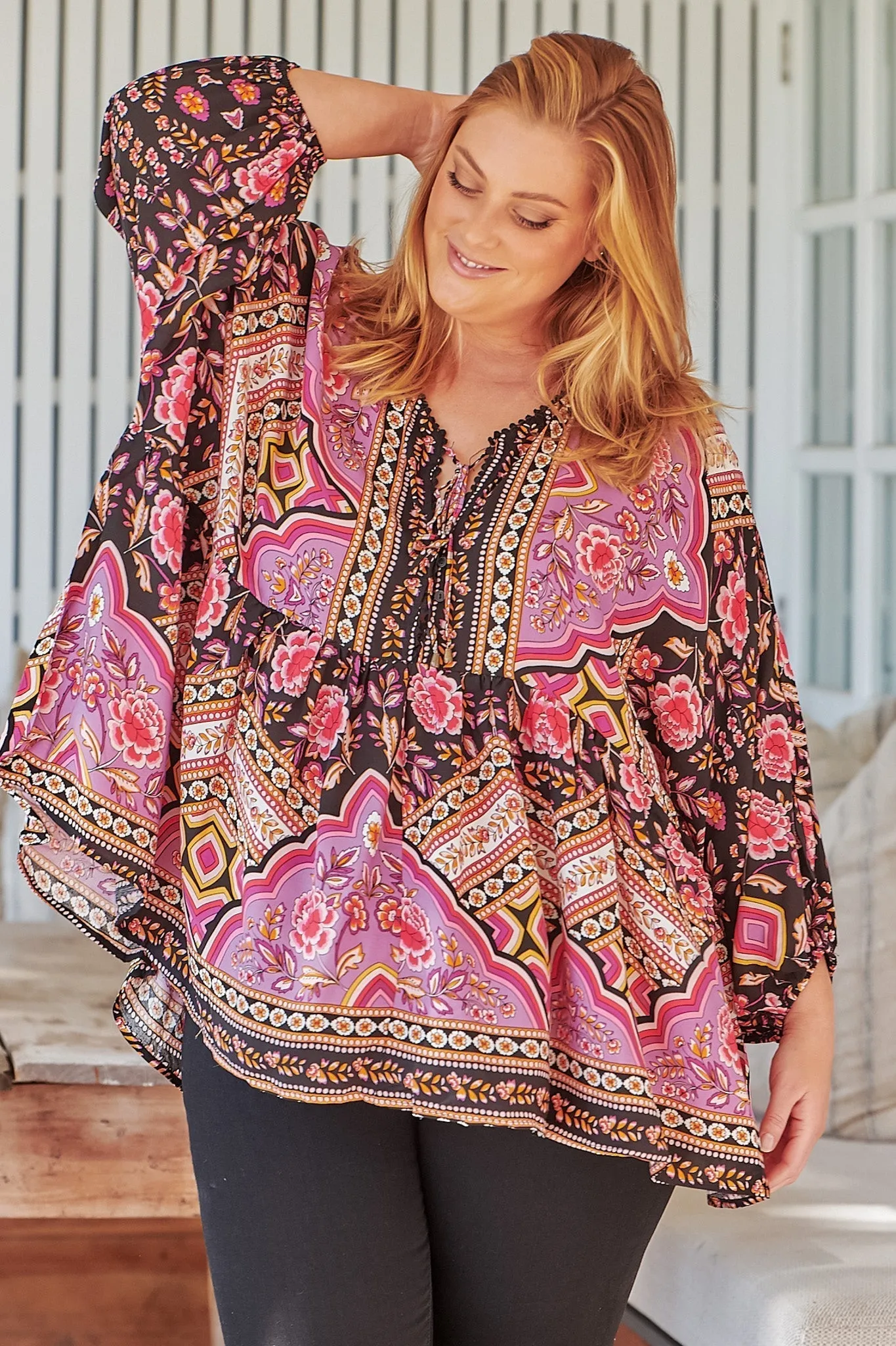 JAASE - Chloe Top: Very Oversized Crochet Trim Neckline Smock Top in Cherry Blossom Print sold by Salty Crush product image thumbnail 2