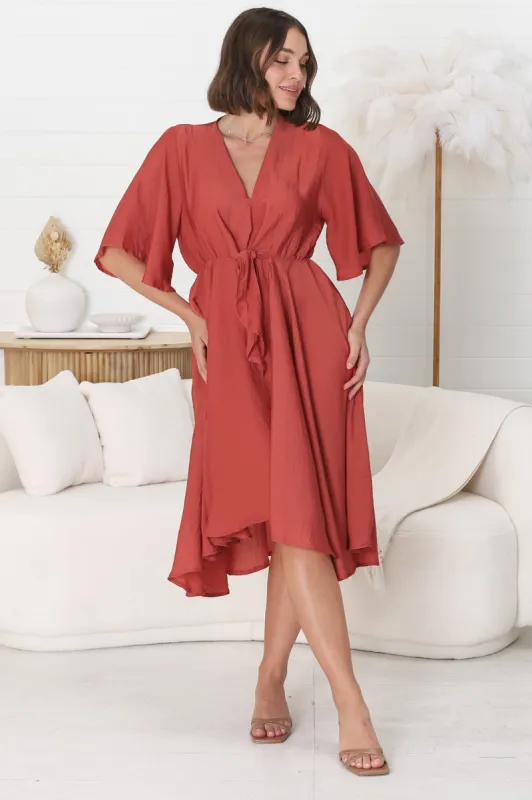 Satina Midi Dress - A Line Dress with Bell Sleeves in Rust sold by Salty Crush