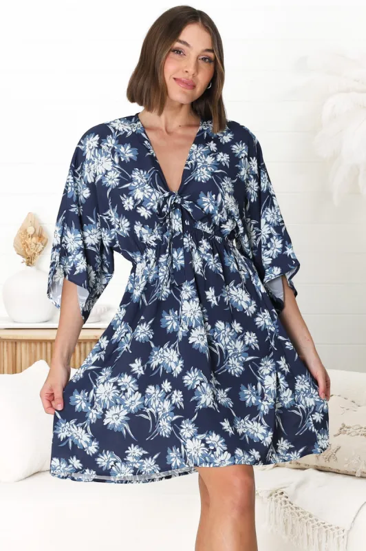 Zoe Mini Dress - Kimono Sleeve A-Line Dress with Bow at the Bust in Jane Print sold by Salty Crush
